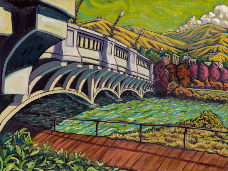 A painting of the Boise Capitol Bridge spanning the Boise River toward downtown Boise.