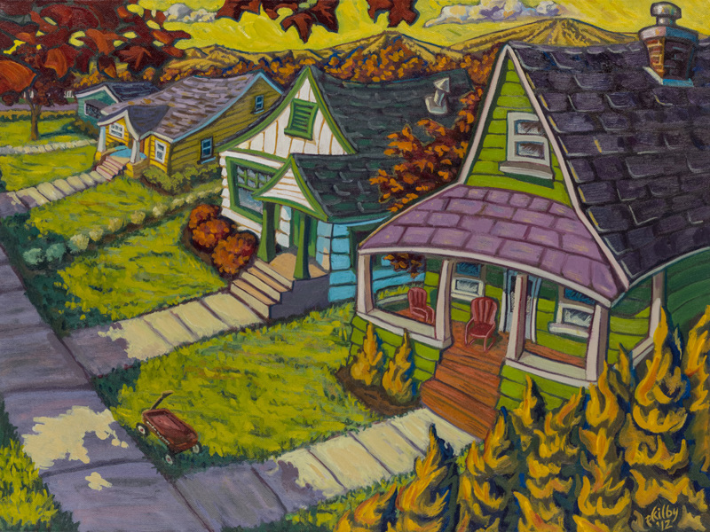 A painting of houses from Boise's North End community with the Boise Foothills in the background.