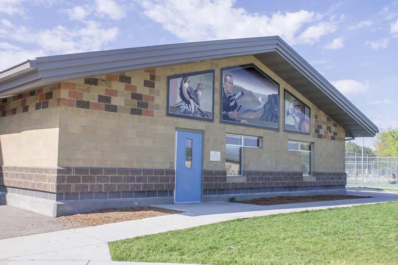 A painted mural made of three separate panels situated beneath the roof of a building. In the first panel are two hawks, one with a falcon's cap over its head. In the second/middle panel is a man holding a cameral overlooking a river canyon. In the third panel is a closeup of a hawk's head.